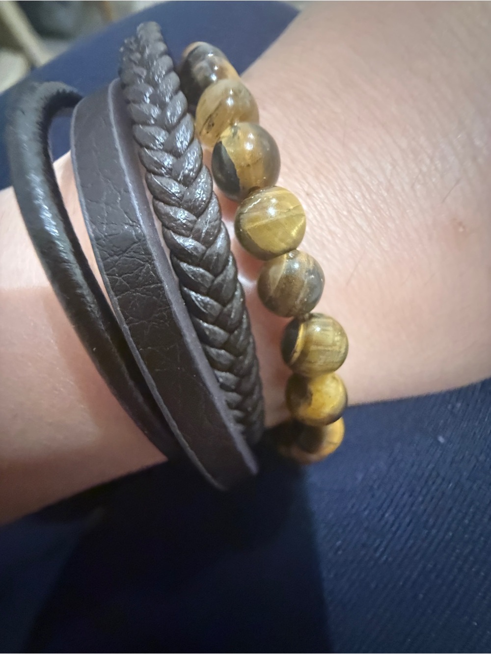 Brown Leather Wrap & Tiger Eye Bead Bracelet Stack